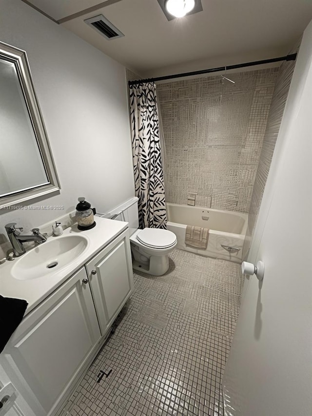 full bathroom with tile patterned flooring, vanity, toilet, and shower / bathtub combination with curtain