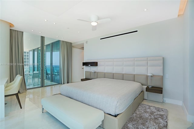 tiled bedroom with access to exterior, a wall of windows, and ceiling fan