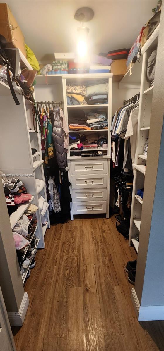 spacious closet with dark hardwood / wood-style floors