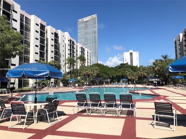 view of swimming pool with a patio