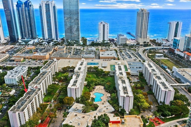 drone / aerial view with a water view