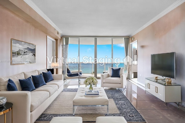 living room with expansive windows, crown molding, and dark tile patterned floors