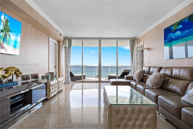 living room with floor to ceiling windows, a water view, crown molding, and a textured ceiling