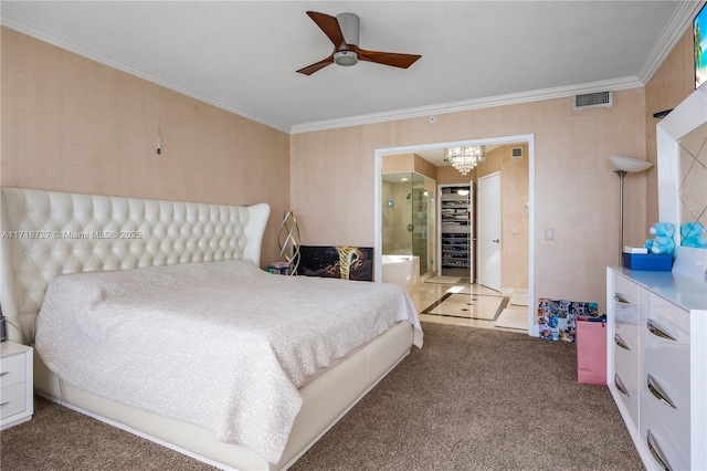 carpeted bedroom with ceiling fan with notable chandelier, ornamental molding, and ensuite bathroom