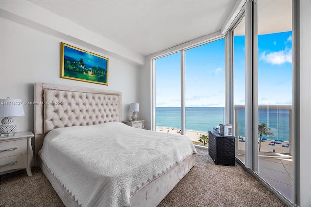 carpeted bedroom featuring a water view, a wall of windows, and a view of the beach