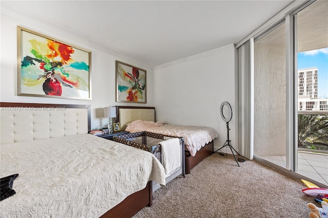 bedroom featuring expansive windows, ornamental molding, carpet flooring, and multiple windows