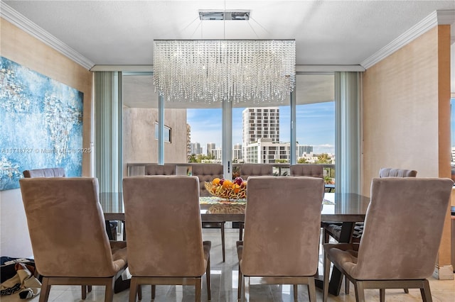 dining space featuring floor to ceiling windows, ornamental molding, a textured ceiling, and a chandelier