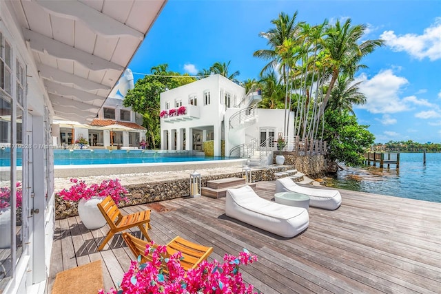 view of pool with a deck with water view