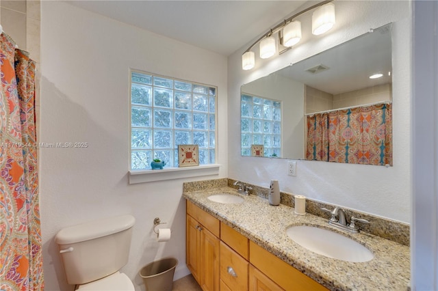 bathroom with vanity, walk in shower, and toilet