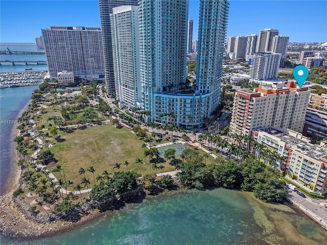 bird's eye view with a view of city and a water view