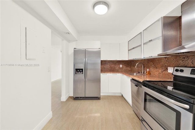 kitchen featuring white cabinetry, sink, wall chimney exhaust hood, tasteful backsplash, and appliances with stainless steel finishes