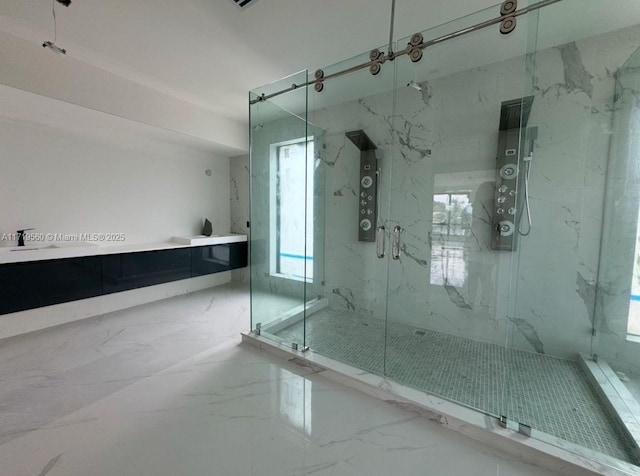 6190 SW 128th St, Pinecrest, FL 33156 - bathroom featuring a marble finish shower and marble tiled floors