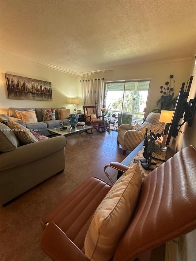 living room featuring a textured ceiling