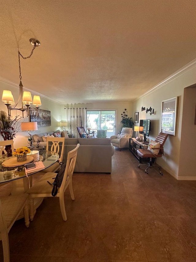 dining room with crown molding, a textured ceiling, and an inviting chandelier