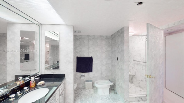 bathroom with a shower, vanity, and a bidet