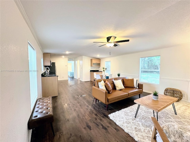 living room with ceiling fan, dark hardwood / wood-style flooring, and crown molding