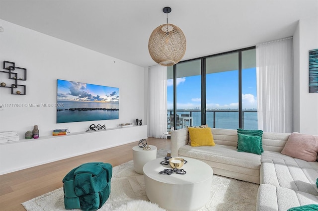 living room with a water view, expansive windows, and hardwood / wood-style floors