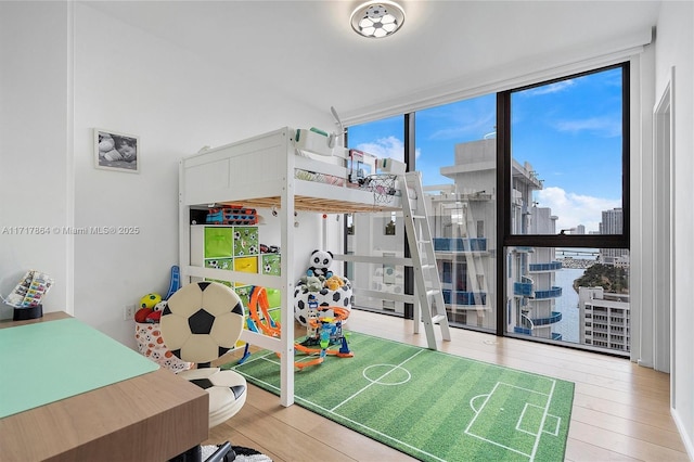 interior space featuring floor to ceiling windows and wood-type flooring