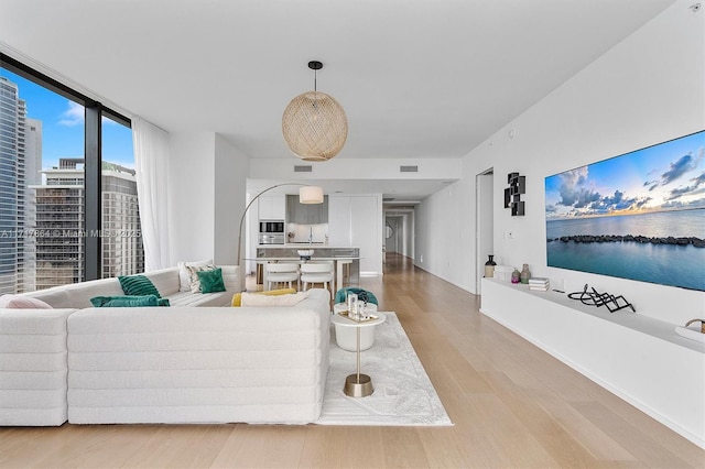 living room with a wall of windows and hardwood / wood-style flooring