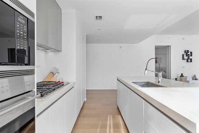 kitchen with sink, white cabinetry, light hardwood / wood-style flooring, and stainless steel gas cooktop