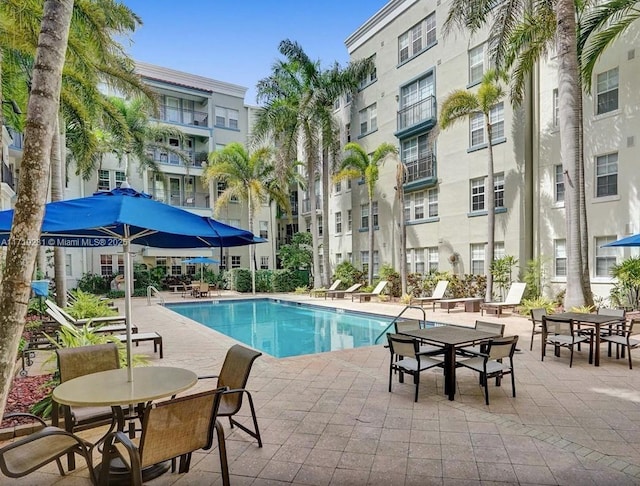 view of swimming pool featuring a patio area