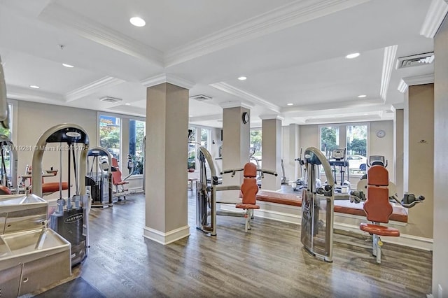 gym with a healthy amount of sunlight, crown molding, and dark wood-type flooring