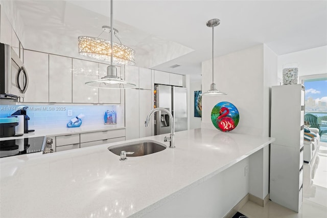 kitchen with white cabinets, sink, tasteful backsplash, decorative light fixtures, and stainless steel appliances