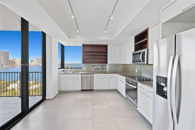 kitchen featuring a tray ceiling, white cabinets, stainless steel appliances, and tasteful backsplash