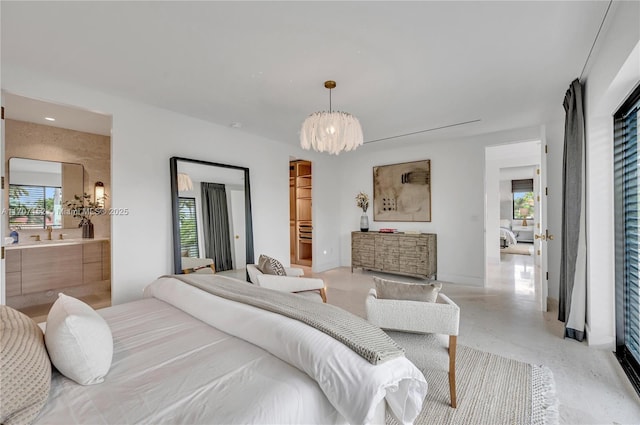 bedroom with a notable chandelier and multiple windows