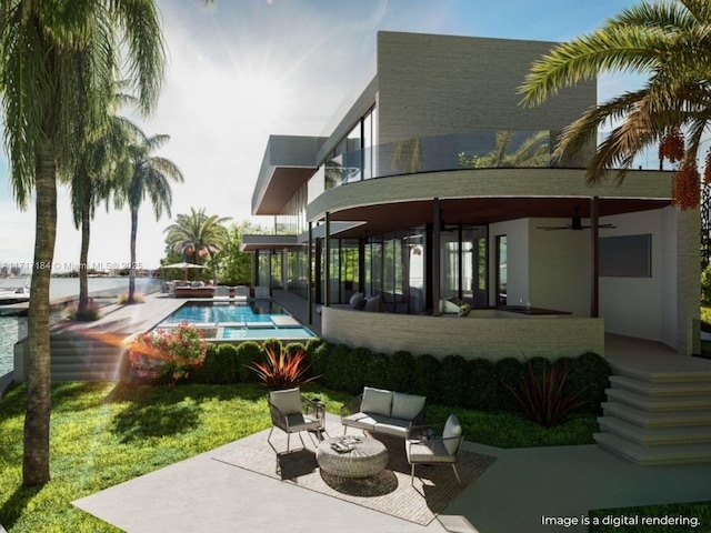 rear view of property featuring outdoor lounge area, ceiling fan, and a patio area