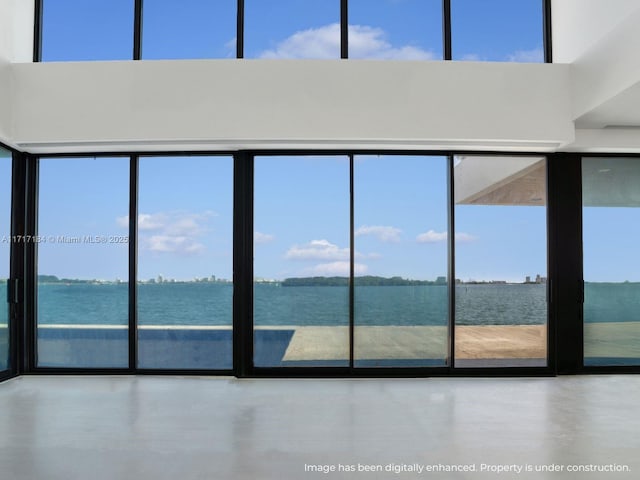 interior space featuring a water view