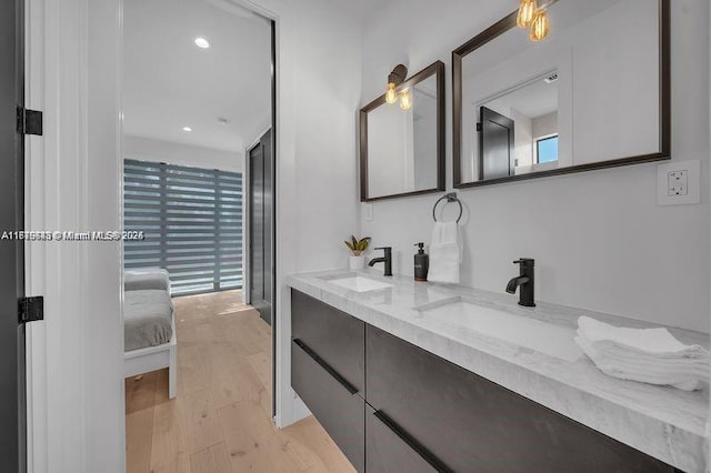 bathroom with wood-type flooring and vanity