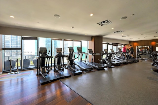 exercise room featuring wood-type flooring