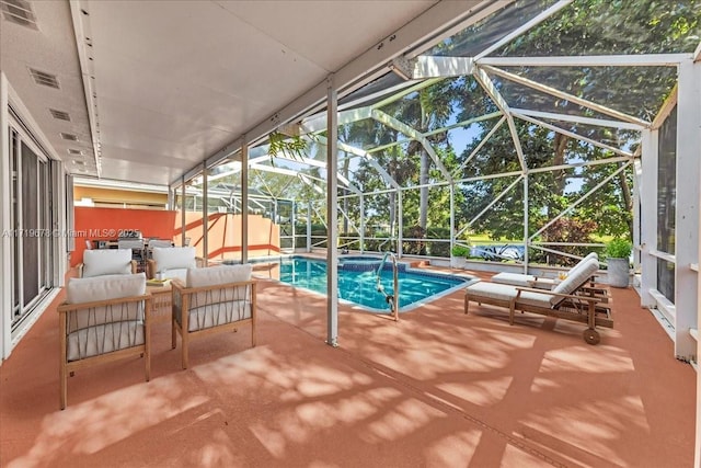 view of pool with an outdoor living space, a patio area, a lanai, and an in ground hot tub