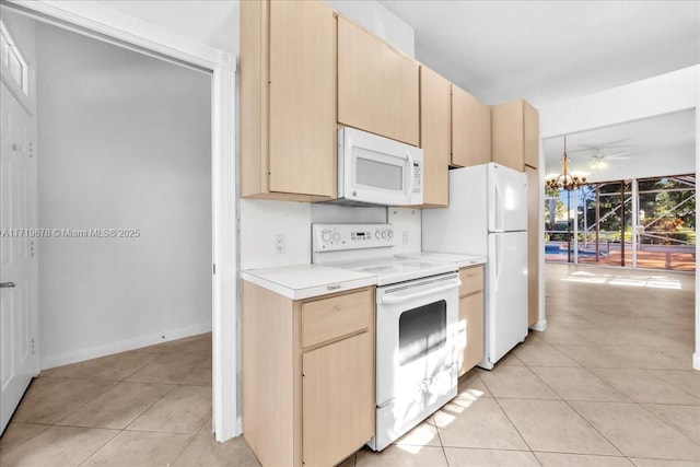 kitchen featuring ceiling fan with notable chandelier, light brown cabinets, white appliances, and light tile patterned flooring