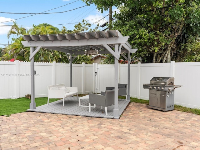 view of patio / terrace with outdoor lounge area, grilling area, and a pergola