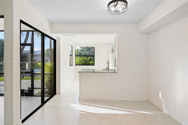 interior space with a textured ceiling and sink