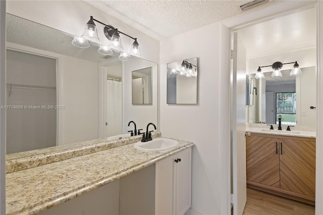 bathroom featuring hardwood / wood-style flooring, vanity, and a textured ceiling