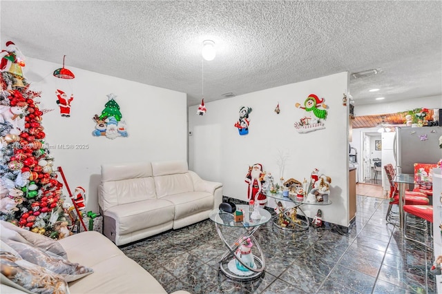 living room with a textured ceiling