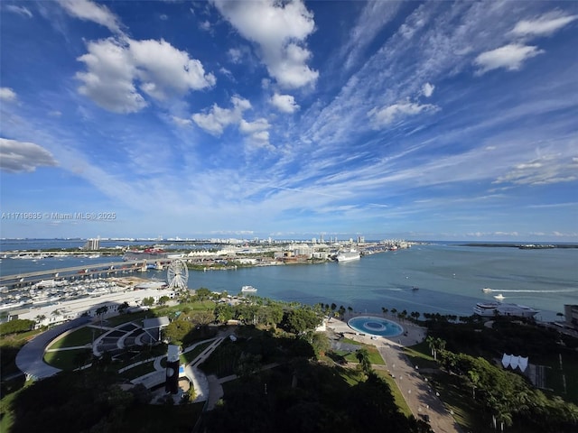 drone / aerial view with a water view