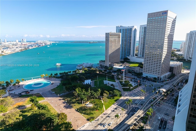 drone / aerial view featuring a water view