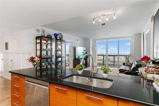 kitchen with sink, dark stone countertops, a wall of windows, stainless steel dishwasher, and light wood-type flooring