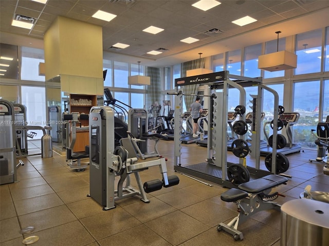 workout area featuring a paneled ceiling and floor to ceiling windows