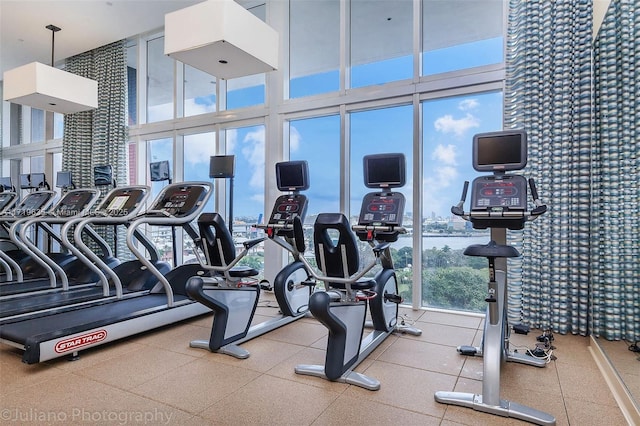 workout area featuring floor to ceiling windows