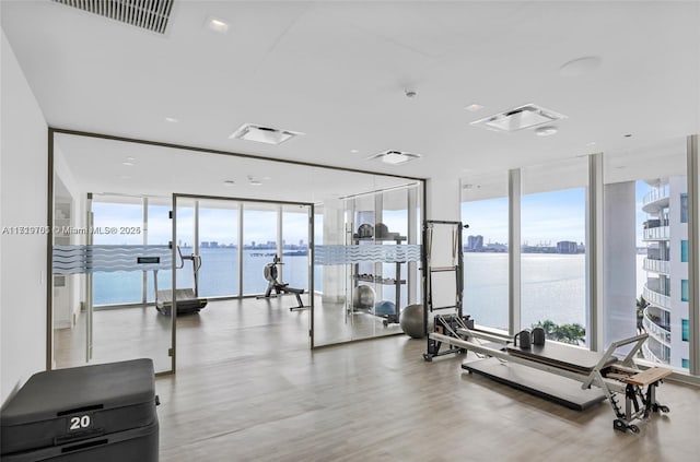 exercise room featuring light wood-type flooring, a water view, and a wall of windows