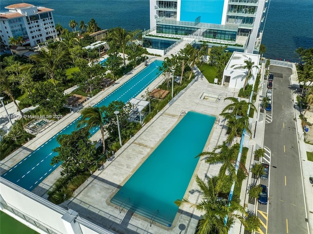 aerial view featuring a water view