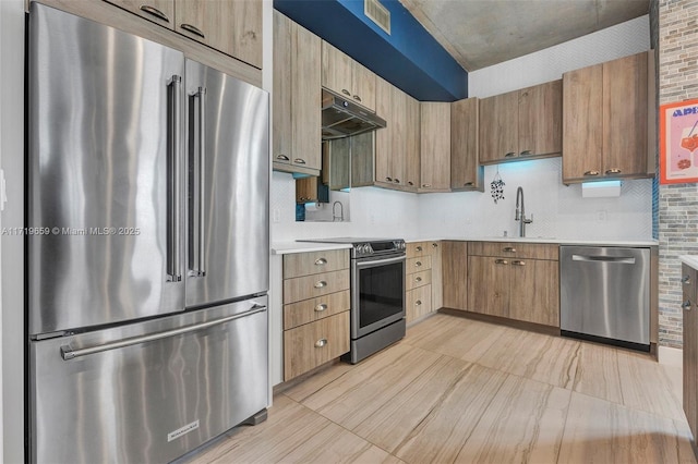 kitchen with stainless steel appliances, decorative backsplash, and sink