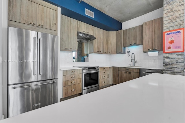 kitchen with appliances with stainless steel finishes, decorative backsplash, and sink