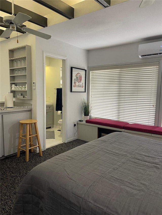 bedroom featuring a wall mounted air conditioner, ceiling fan, and dark colored carpet