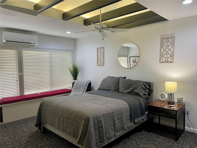 carpeted bedroom with a wall mounted AC and ceiling fan